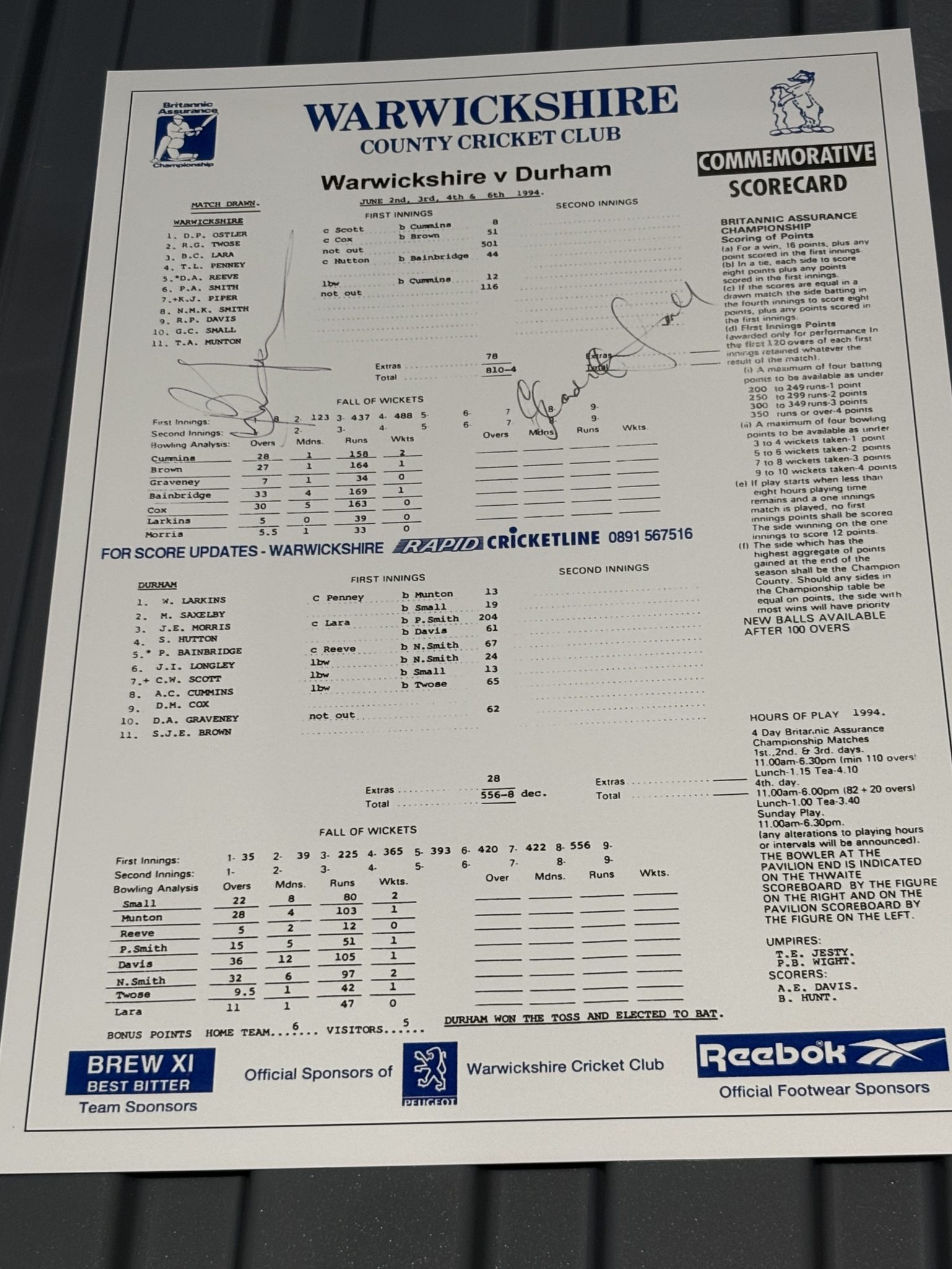 Brian Lara's 501* Innings Scorecard & Factsheet - SIGNED COPY - Image 2