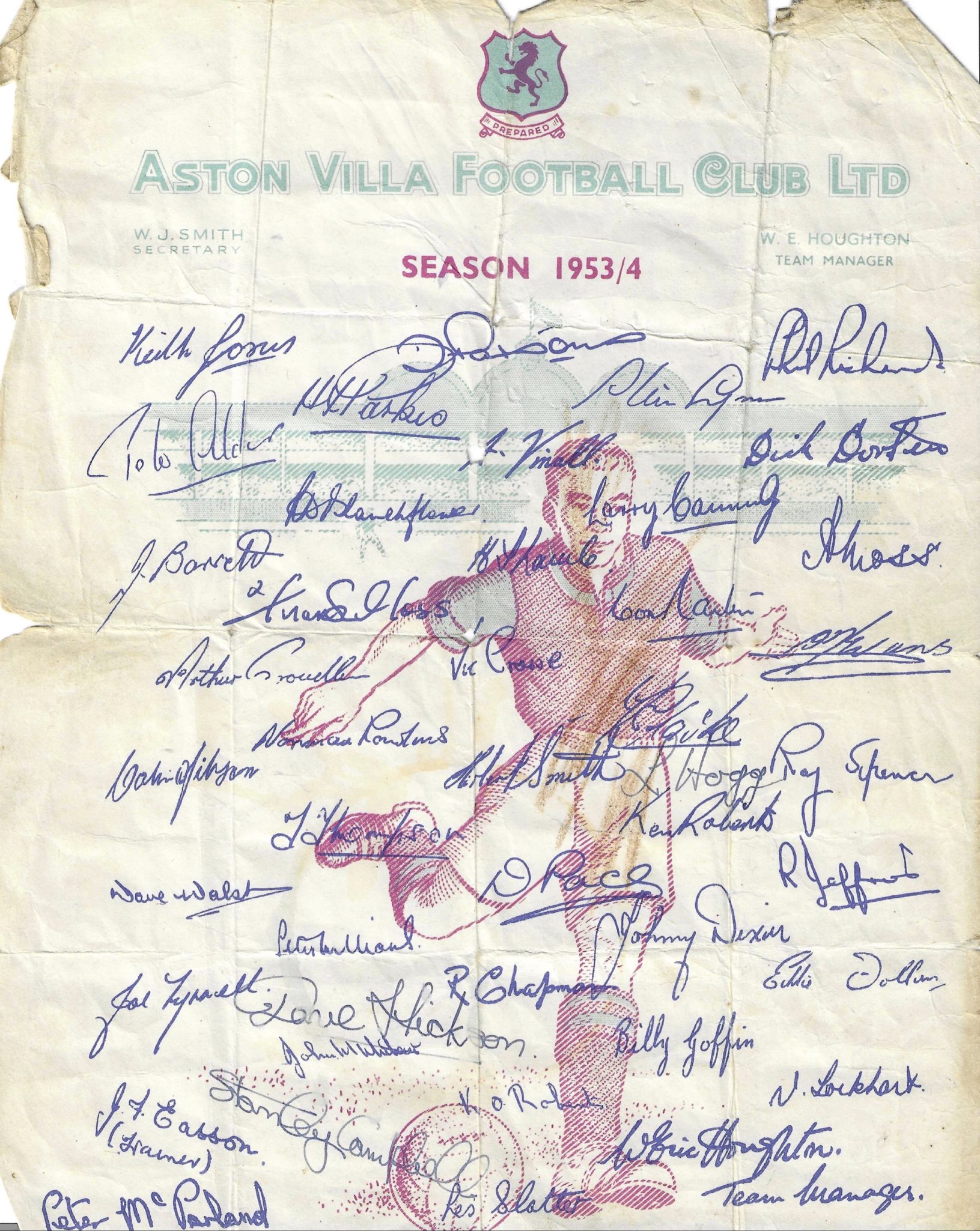 Original Aston Villa Squad Autograph Sheet, 1953-54 (unique item)